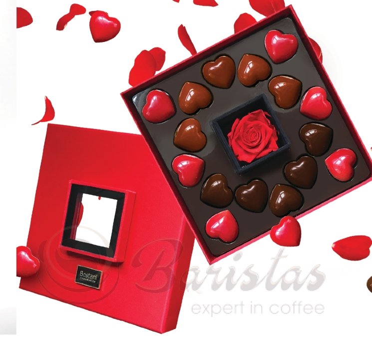 Bostani Шоколадные Сердечки 175г с розой подарочная картонная коробка